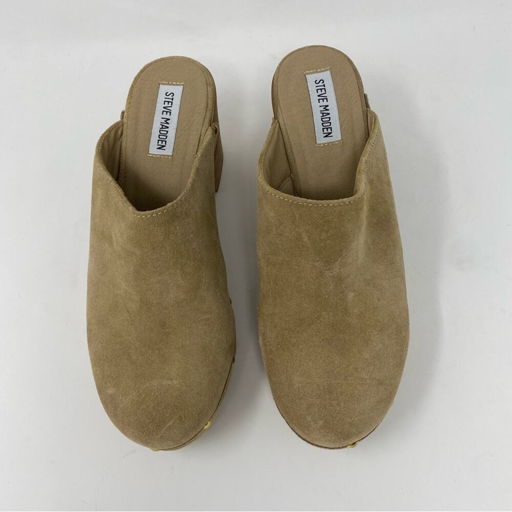 Steve Madden platform tan leather suede clogs womens size 10 gold brads - Picture 4 of 10